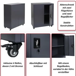 Aktenschrank MCW-O50, Büroschrank Stahlschrank mit Rollen, 2 Türen abschließbar, Stahl 98x80x40cm ~ dunkelgrau hellgrau