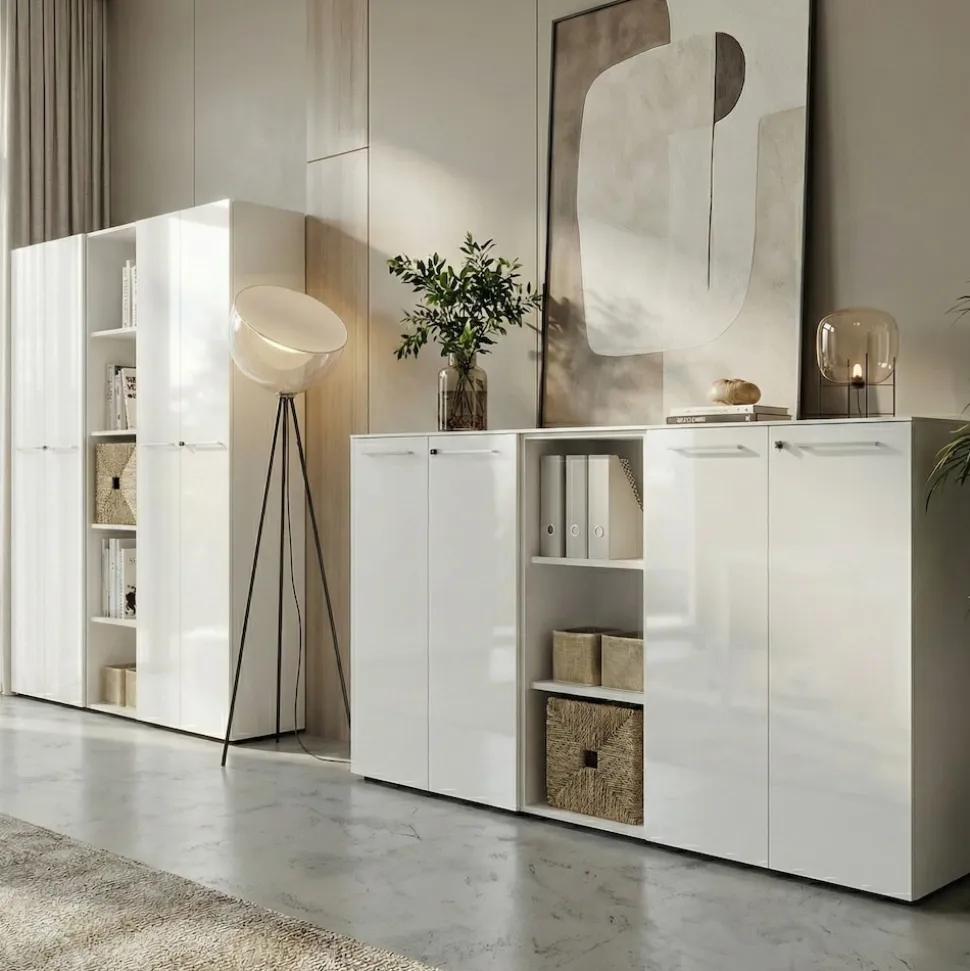 Aktenschrank "Muenchen" Glasfront Soft-Close Abschließbar, Weiß 80x37x120cm