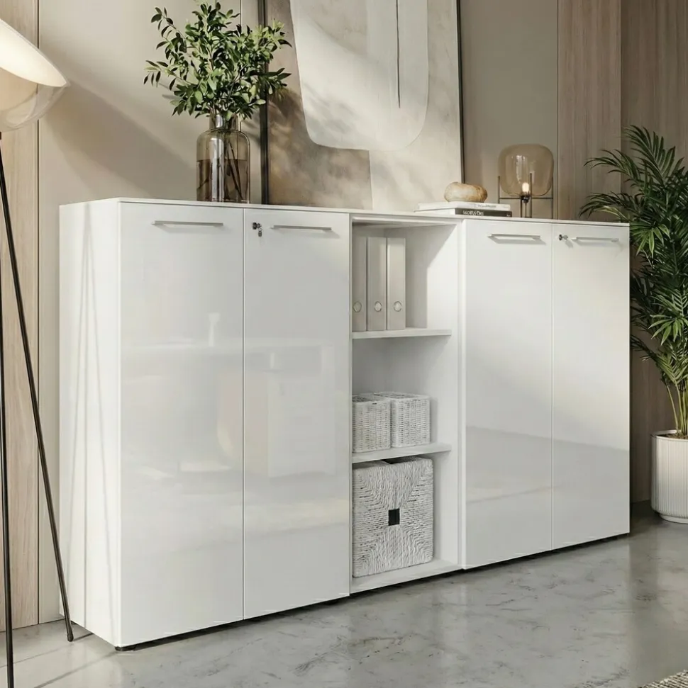 Aktenschrank "Muenchen" Glasfront Soft-Close Abschließbar, Weiß 80x37x120cm