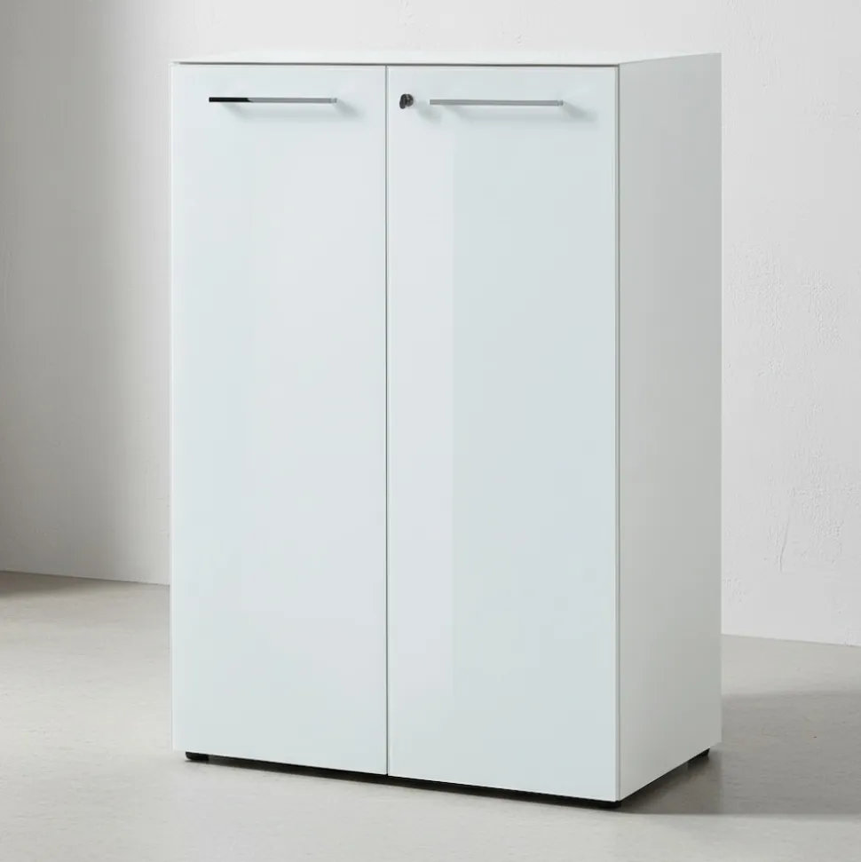 Aktenschrank "Muenchen" Glasfront Soft-Close Abschließbar, Weiß 80x37x120cm