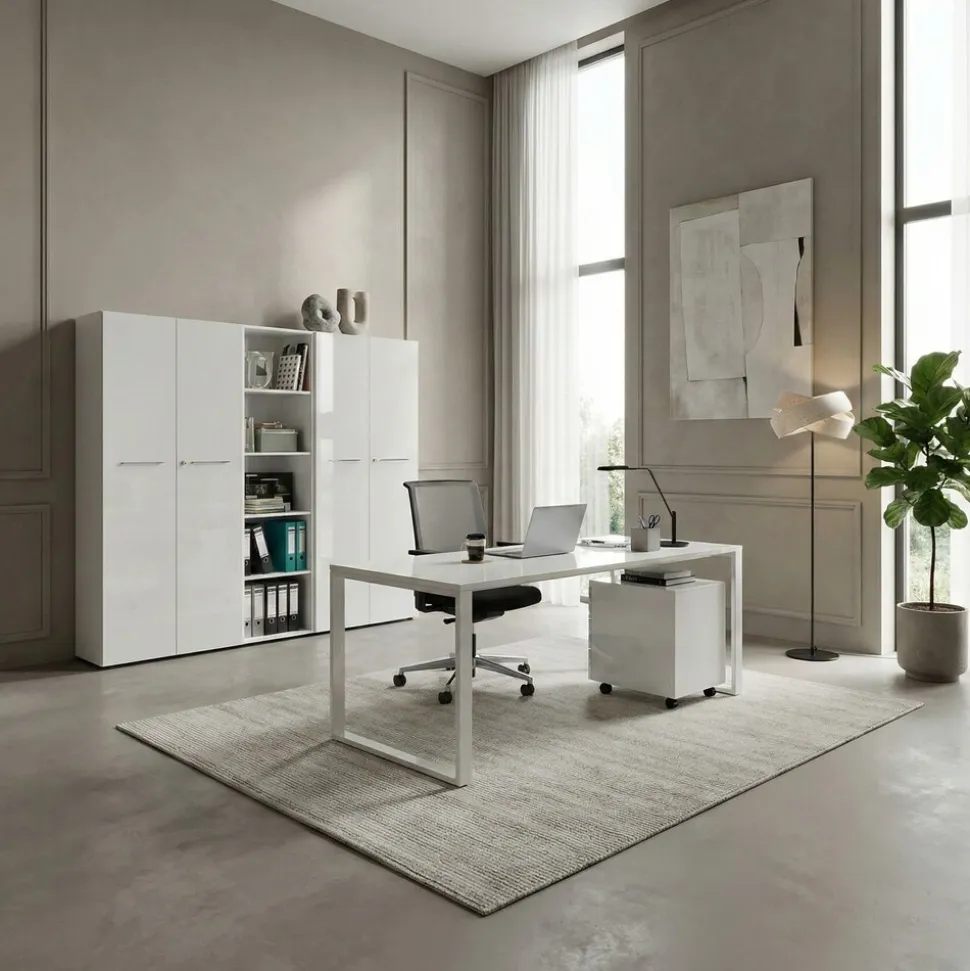 Aktenschrank MUENCHEN 80x37x196cm | 5 Ordnerhöhen | Glasfront & Abschließbar | Weiß