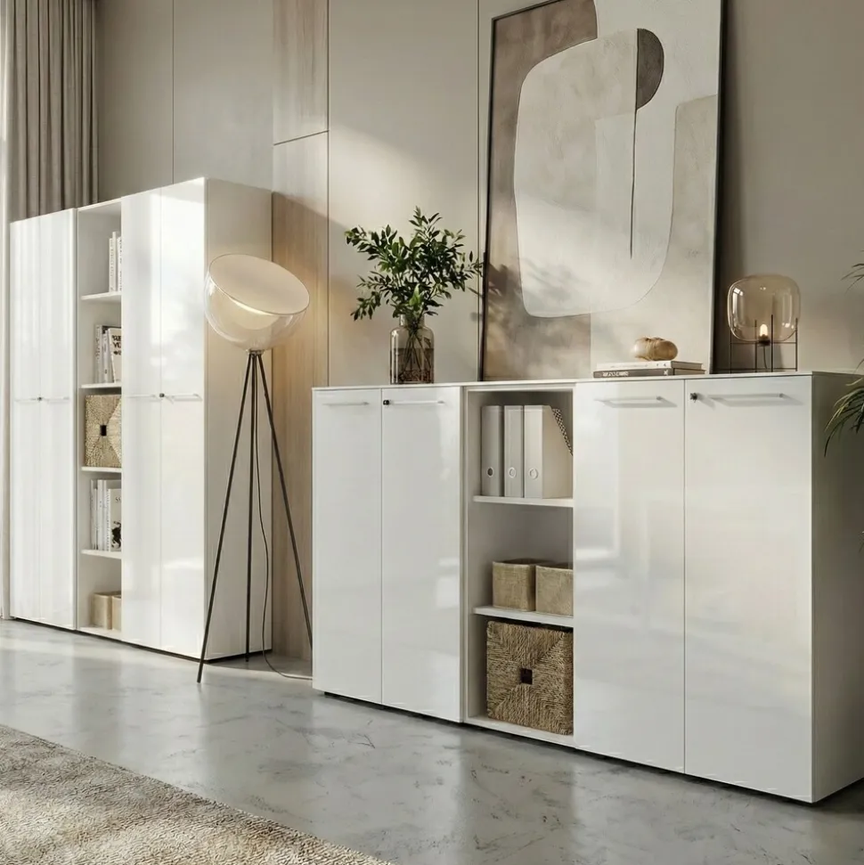 Aktenschrank MUENCHEN 80x37x196cm | 5 Ordnerhöhen | Glasfront & Abschließbar | Weiß