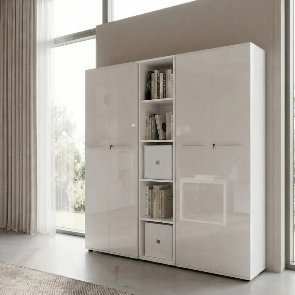 Aktenschrank MUENCHEN 80x37x196cm | 5 Ordnerhöhen | Glasfront & Abschließbar | Weiß