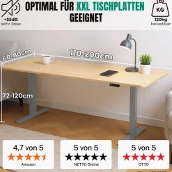 ALBATROS Schreibtisch-Gestell Lift S5S + Kabelkanal, Silber, 2X Motoren, elektrisch höhenverstellbar mit Memory-Funktion, Kollisionsschutz und Soft-Start/Stop