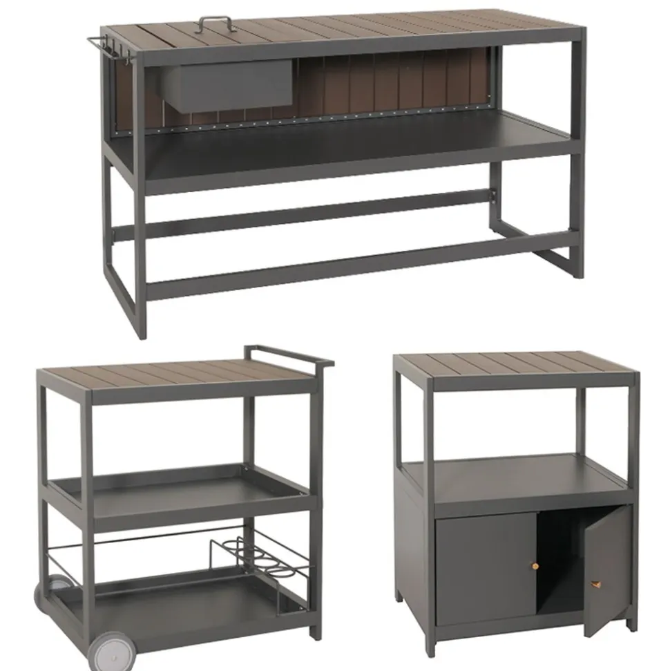 Aluminium Outdoor-Küche 3-teilig MCW-M64, Außenküche Garten Servierwagen Eiskübel Schrank ~ anthrazit, dunkle Holzoptik