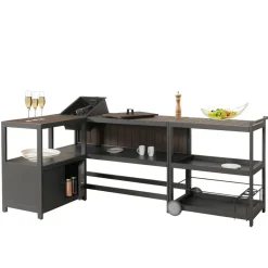 Aluminium Outdoor-Küche 3-teilig MCW-M64, Außenküche Garten Servierwagen Eiskübel Schrank ~ anthrazit, dunkle Holzoptik