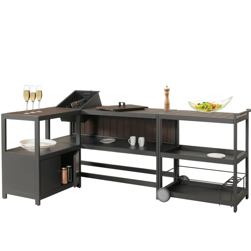 Aluminium Outdoor-Küche 3-teilig MCW-M64, Außenküche Garten Servierwagen Eiskübel Schrank ~ anthrazit, dunkle Holzoptik