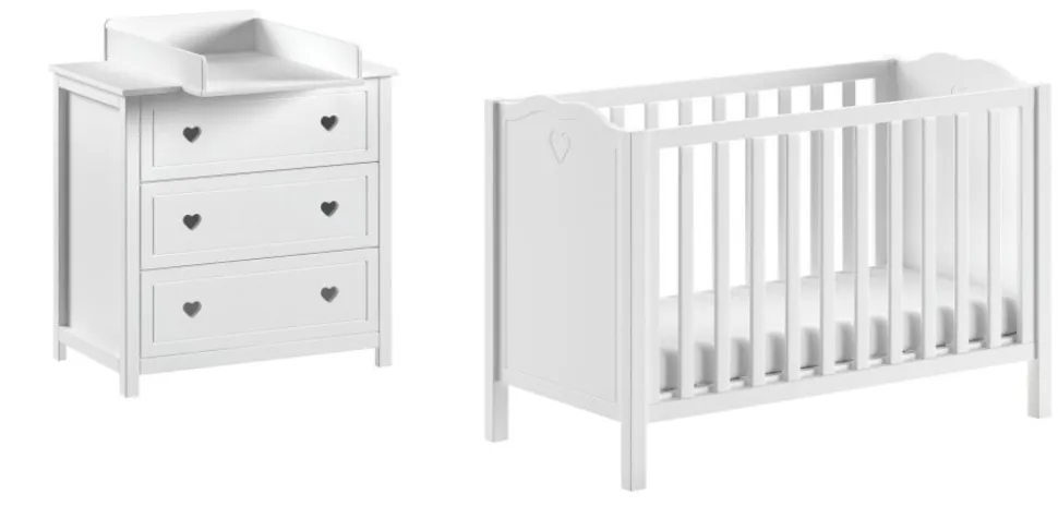 AMORI 3-tlg Set best. aus: Babybett 60x120 cm, Kommode m. 3 Schubladen, Wickelaufsatz, weiß lackiert