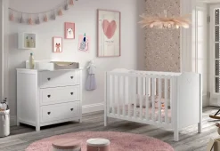 AMORI 3-tlg Set best. aus: Babybett 60x120 cm, Kommode m. 3 Schubladen, Wickelaufsatz, weiß lackiert