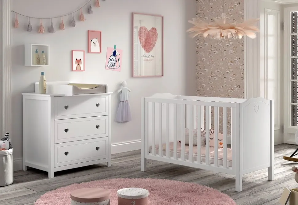 AMORI 3-tlg Set best. aus: Babybett 60x120 cm, Kommode m. 3 Schubladen, Wickelaufsatz, weiß lackiert