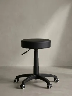 Arbeitshocker Kunstleder Schwarz mit Rollen, gepolstert ohne Lehne