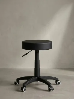 Arbeitshocker Kunstleder Schwarz mit Rollen, gepolstert ohne Lehne