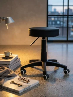 Arbeitshocker Kunstleder Schwarz mit Rollen, gepolstert ohne Lehne