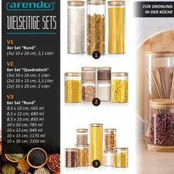Arendo Glasbehälter-Set aus Borosilikatglas mit Bambusdeckel, 7-tlg., mikrowellengeeignet, luftdicht