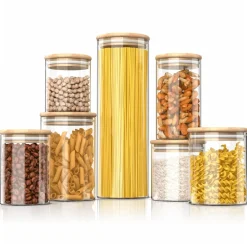 Arendo Glasbehälter-Set aus Borosilikatglas mit Bambusdeckel, 7-tlg., mikrowellengeeignet, luftdicht