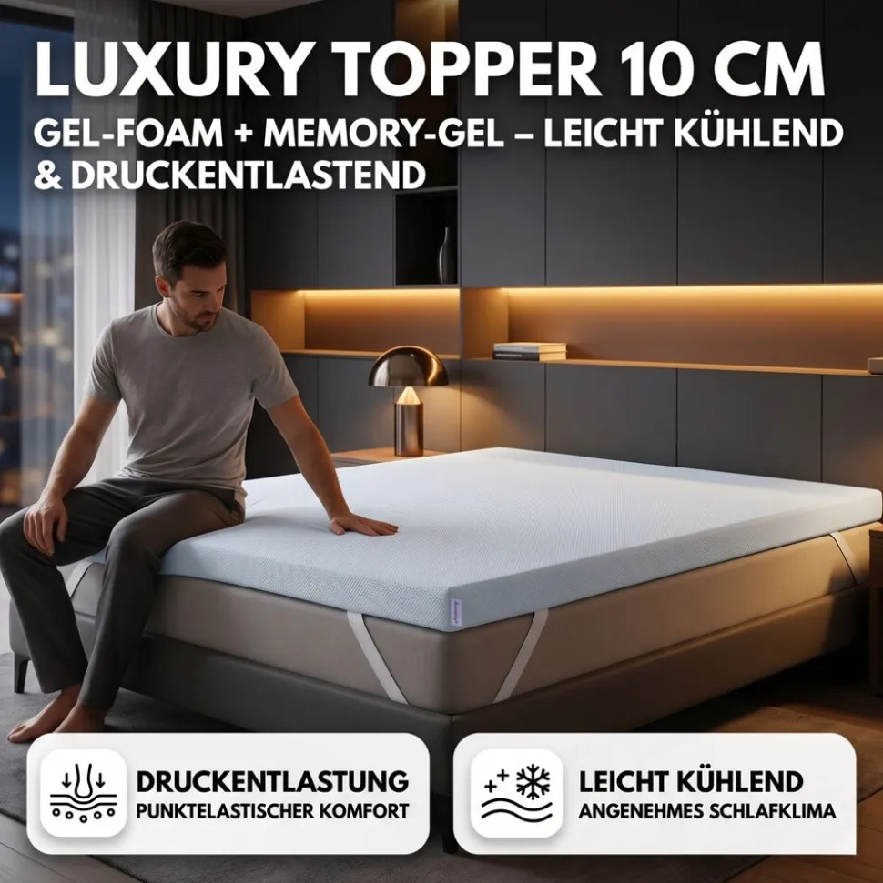 Arensberger Matratzen Topper LUXURY, 140x200cm, Gelschaum und Memory Gel Foam Matratzentopper, waschbarer Bezug, geeignet für Federkern & Matratzen, Matratzenauflage Höhe 10cm