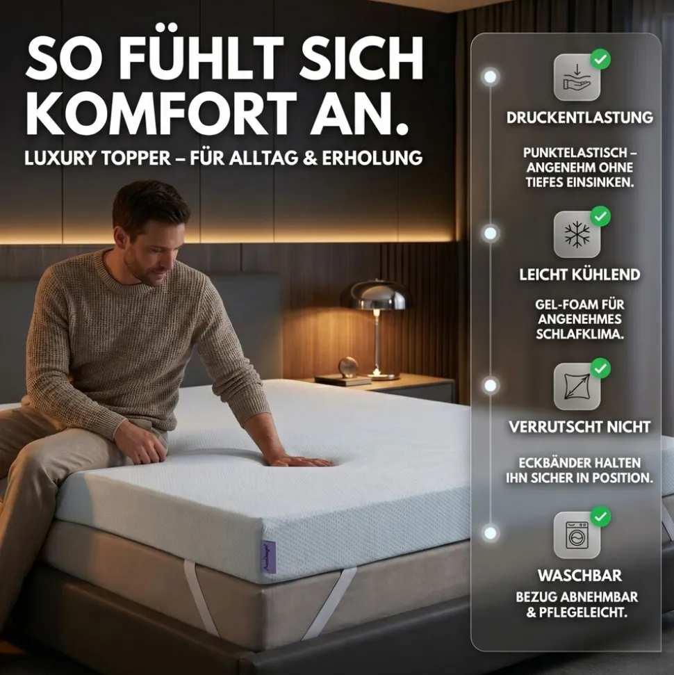 Arensberger Matratzen Topper LUXURY, 140x200cm, Gelschaum und Memory Gel Foam Matratzentopper, waschbarer Bezug, geeignet für Federkern & Matratzen, Matratzenauflage Höhe 10cm