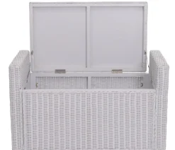 Aufbewahrungstruhe Genua, Truhe Sitzbank Garderobenbank, Kissen Kubu Rattan 88cm ~ weiß