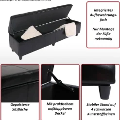 Aufbewahrungs-Truhe Sitzbank Kriens XXL, Kunstleder, 180x45x45cm MVG-zertifiziert ~ schwarz