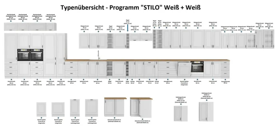 Aufsatzschrank Hochschrank 40 cm STILO Weiss Küchenzeile Küchenblock Küche