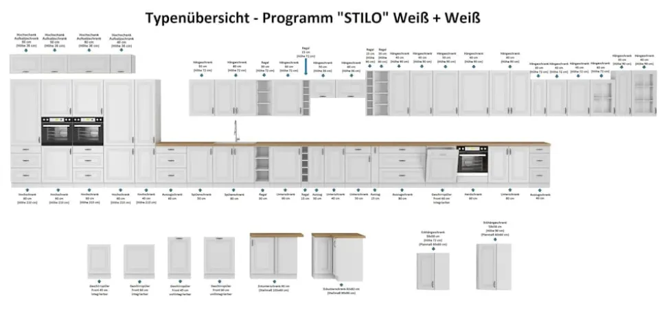 Aufsatzschrank Hochschrank 40 cm STILO Weiss Küchenzeile Küchenblock Küche