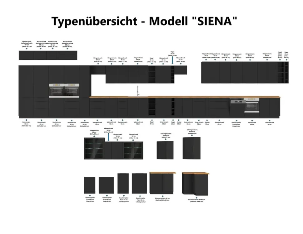 Aufsatzschrank Hochschrank 40 cm SIENA Schwarz Küchenzeile Küchenblock Küche