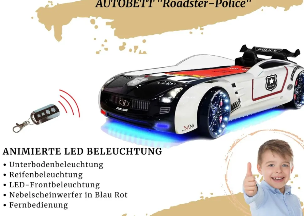 Autobett Kinderbett "Roadster Police" LED Sound Sportsitze Lattenrost Spoiler 90x190 cm
