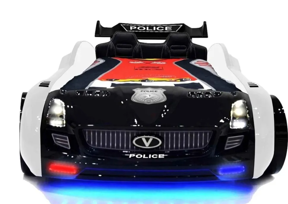 Autobett Kinderbett "Roadster Police" LED Sound Sportsitze Lattenrost Spoiler 90x190 cm