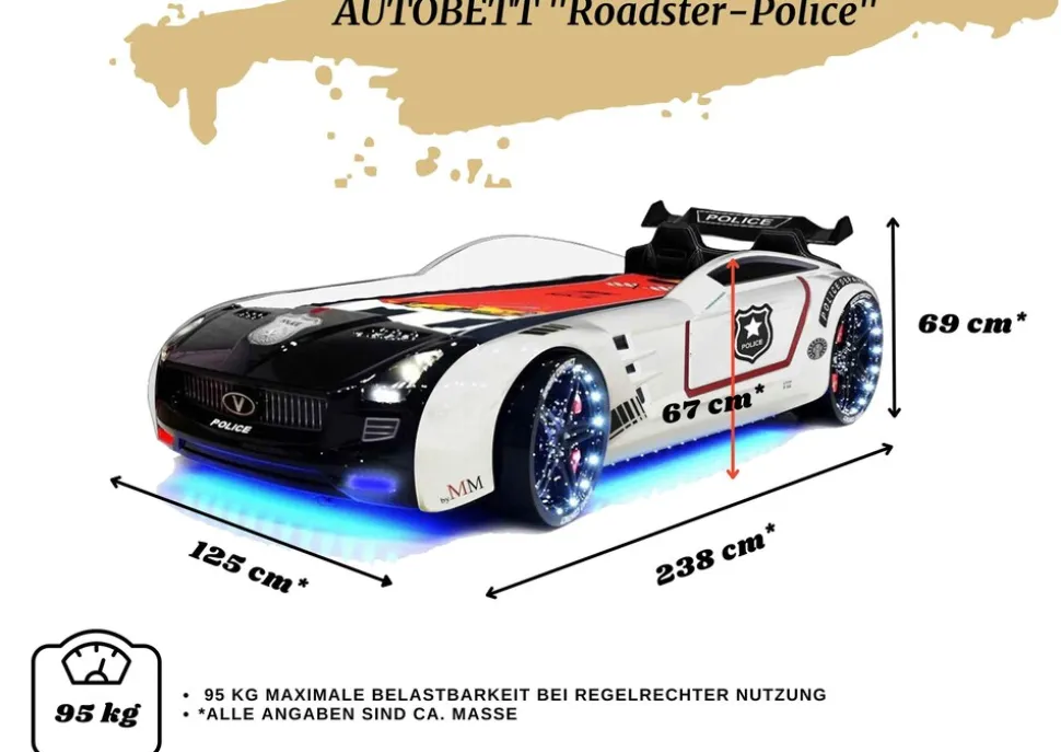Autobett Kinderbett "Roadster Police" LED Sound Sportsitze Lattenrost Spoiler 90x190 cm