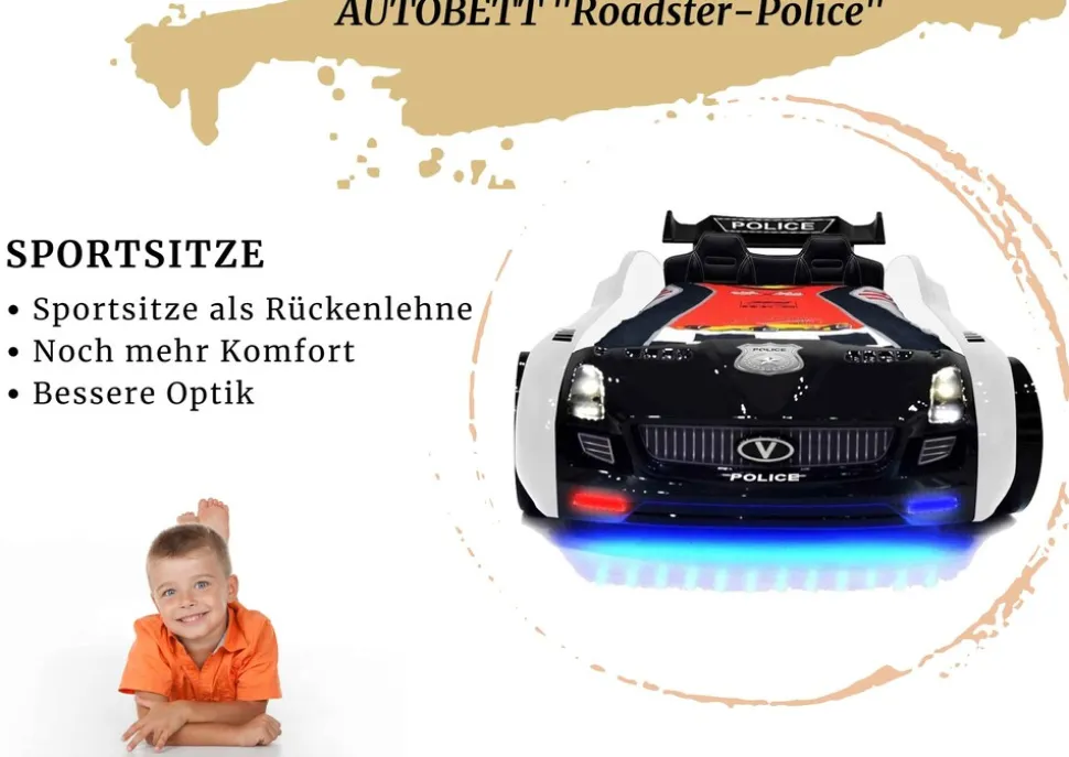 Autobett Kinderbett "Roadster Police" LED Sound Sportsitze Lattenrost Spoiler 90x190 cm