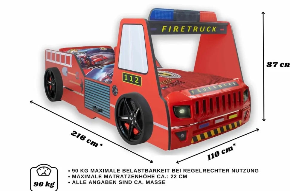 Autobett Kinder 90x200 cm Feuerwehrbett "Rio Firetruck" mit LED-Licht und Sirenenoptik
