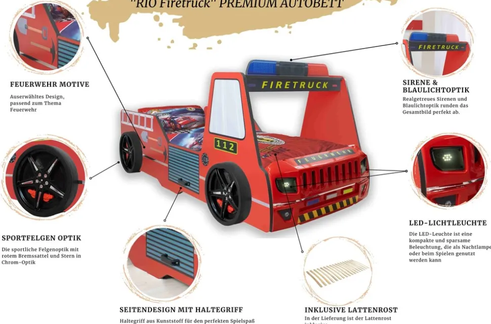 Autobett Kinder 90x200 cm Feuerwehrbett "Rio Firetruck" mit LED-Licht und Sirenenoptik