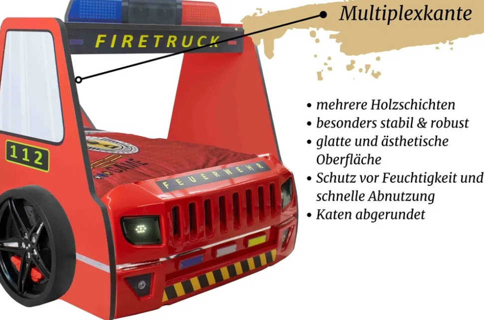 Autobett Kinder 90x200 cm Feuerwehrbett "Rio Firetruck" mit LED-Licht und Sirenenoptik