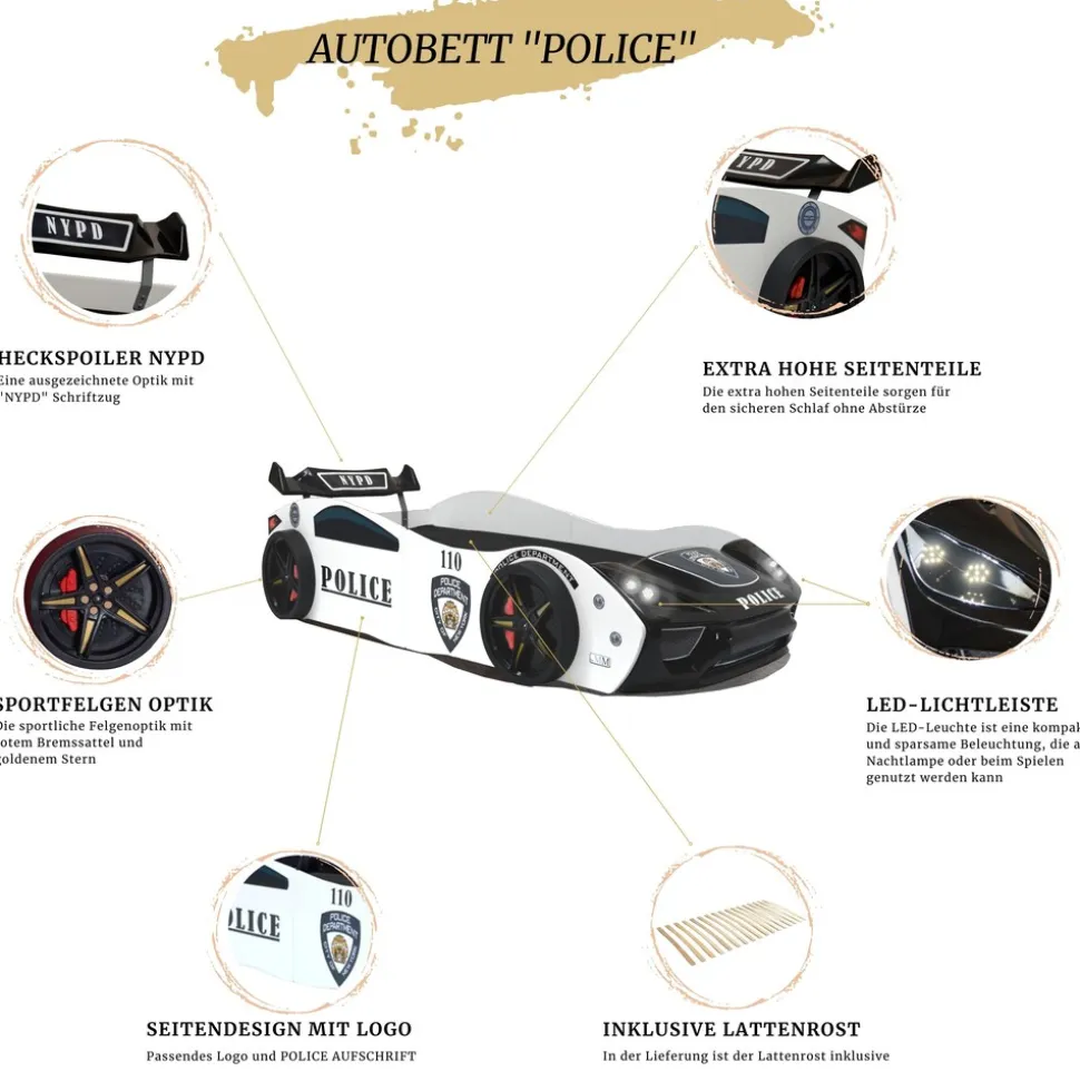Autobett "Police" Spielbett für Kinder 90x200 inkl. Lattenrost