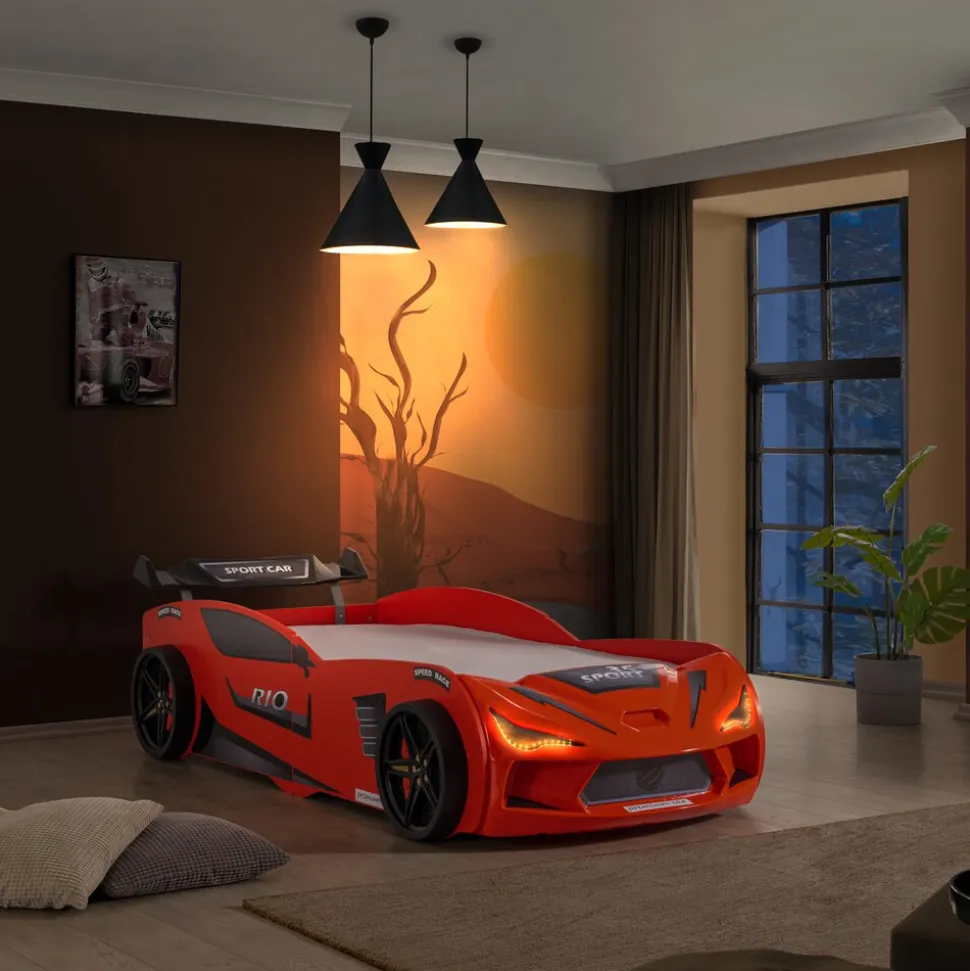 Autobett 90x200 Rio Kinderbett mit LED Leuchte und Lattenrost Rot