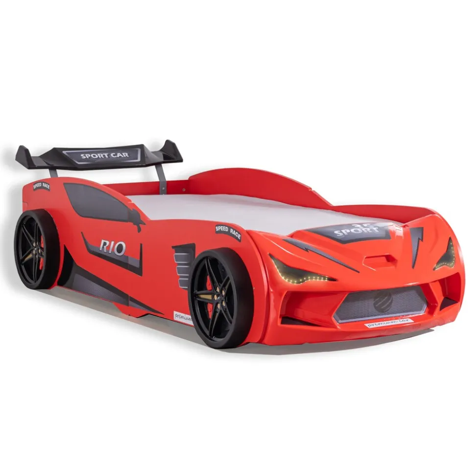 Autobett 90x200 Rio Kinderbett mit LED Leuchte und Lattenrost Rot
