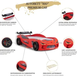 Autobett 90x200 Rio Kinderbett mit LED Leuchte und Lattenrost Rot