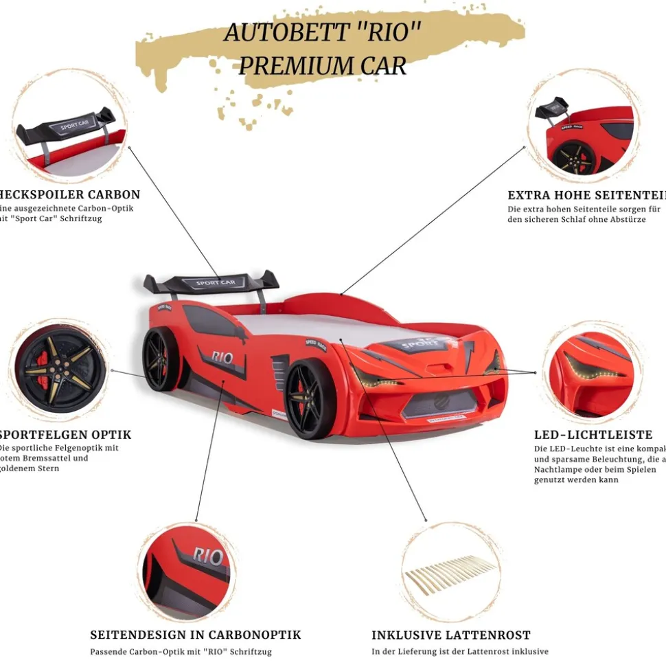 Autobett 90x200 Rio Kinderbett mit LED Leuchte und Lattenrost Rot