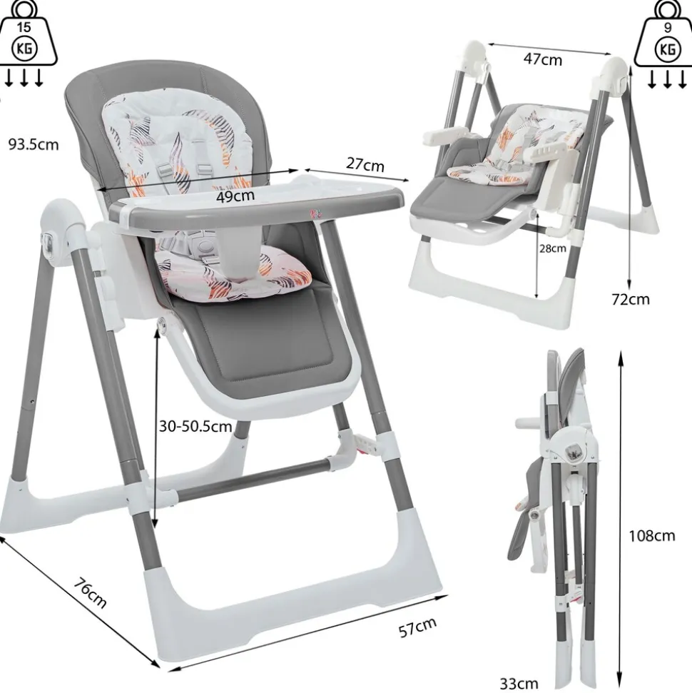 Baby Vivo 3in1 Kinderhochstuhl / Babywippe höhenverstellbar für Kinder - Lulu in Grau