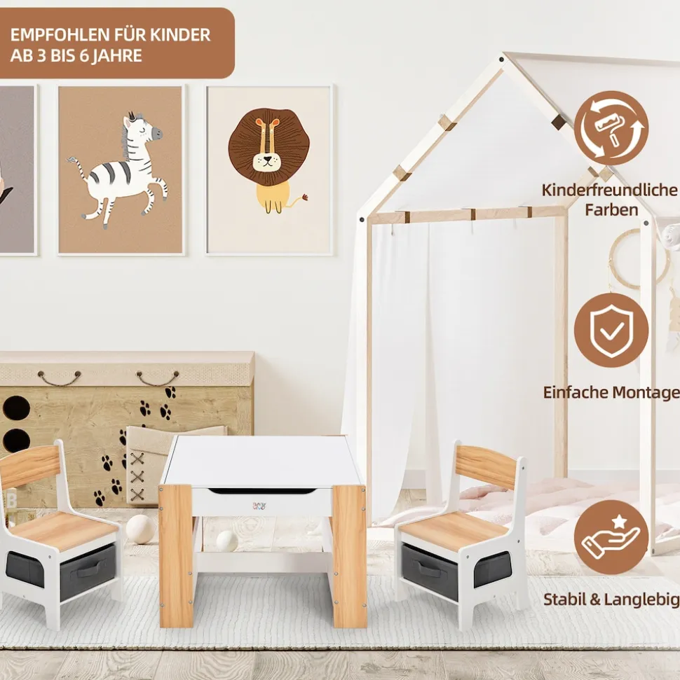 Baby Vivo Kindersitzgruppe mit multifunktionalem Tisch und 2 Stühlen aus Holz - Mia