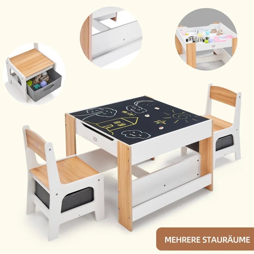 Baby Vivo Kindersitzgruppe mit multifunktionalem Tisch und 2 Stühlen aus Holz - Mia