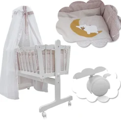 Baby Wiege Kinder Bett Stubenwagen Beistellbett + 9 tlg. Zubehör Weiß / Beige