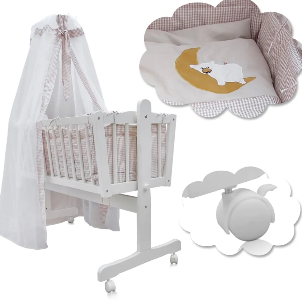 Baby Wiege Kinder Bett Stubenwagen Beistellbett + 9 tlg. Zubehör Weiß / Beige
