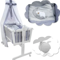 Baby Wiege Kinder Bett Stubenwagen Beistellbett + 9 tlg. Zubehör Weiß Grau