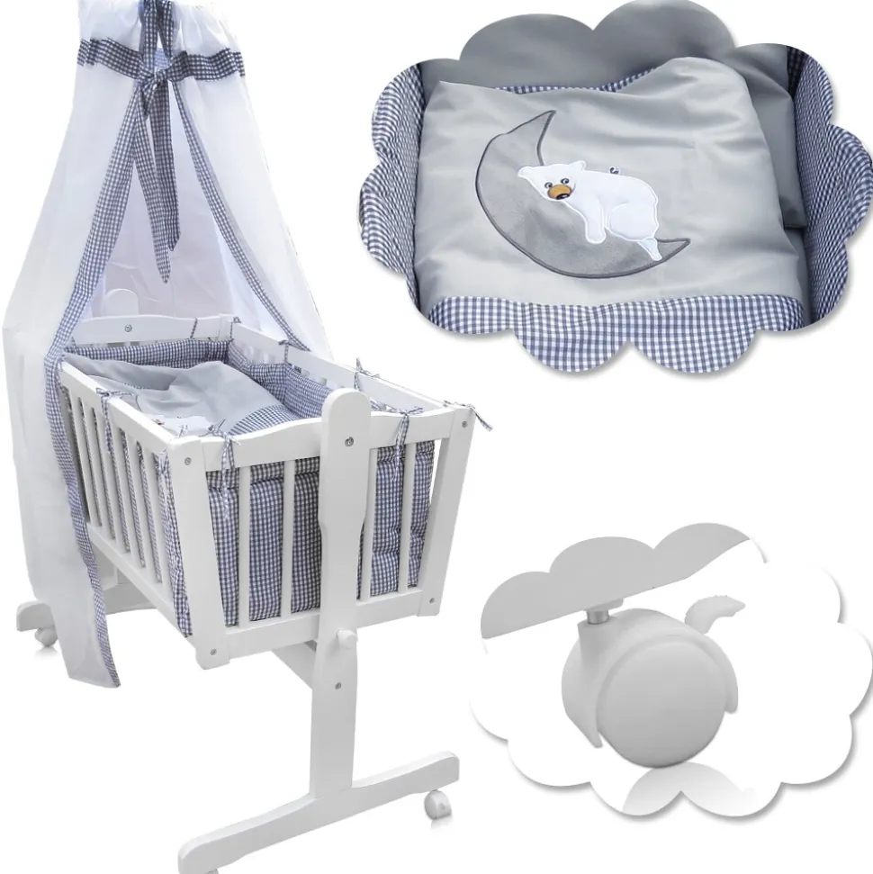 Baby Wiege Kinder Bett Stubenwagen Beistellbett + 9 tlg. Zubehör Weiß Grau