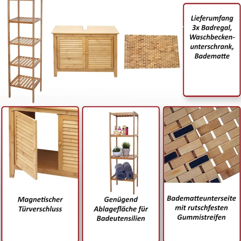 Badezimmerset MCW-B18, Komplett Badezimmer Badmöbel Badset Badschrank, Bambus