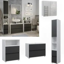 Badmöbel-Set Maltin Weiß Anthrazit modern Waschtischunterschrank Spiegelschrank Midischrank Hochschrank