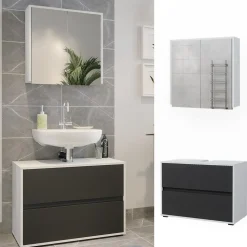 Badmöbel-Set Maltin Weiß Anthrazit modern Waschtischunterschrank Spiegelschrank