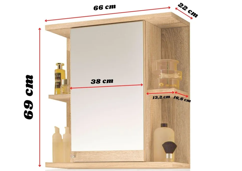 Badmöbel Spiegelschrank Badschrank mit Ablagen Sonoma