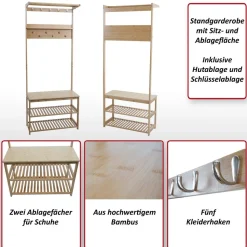 Bambus Standgarderobe MCW-N82, Garderobenständer Schuhregal Sitzbank Schuhbank, Kleiderhaken MVG 170x70x31cm